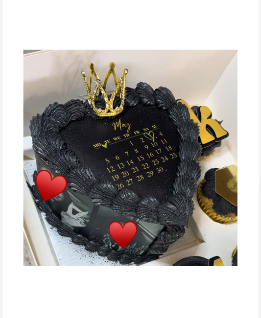 Custom Calendar Cake Topper, Black and Gold, icing sheet 5-8 Inch Size Options round calendar and heart shaped