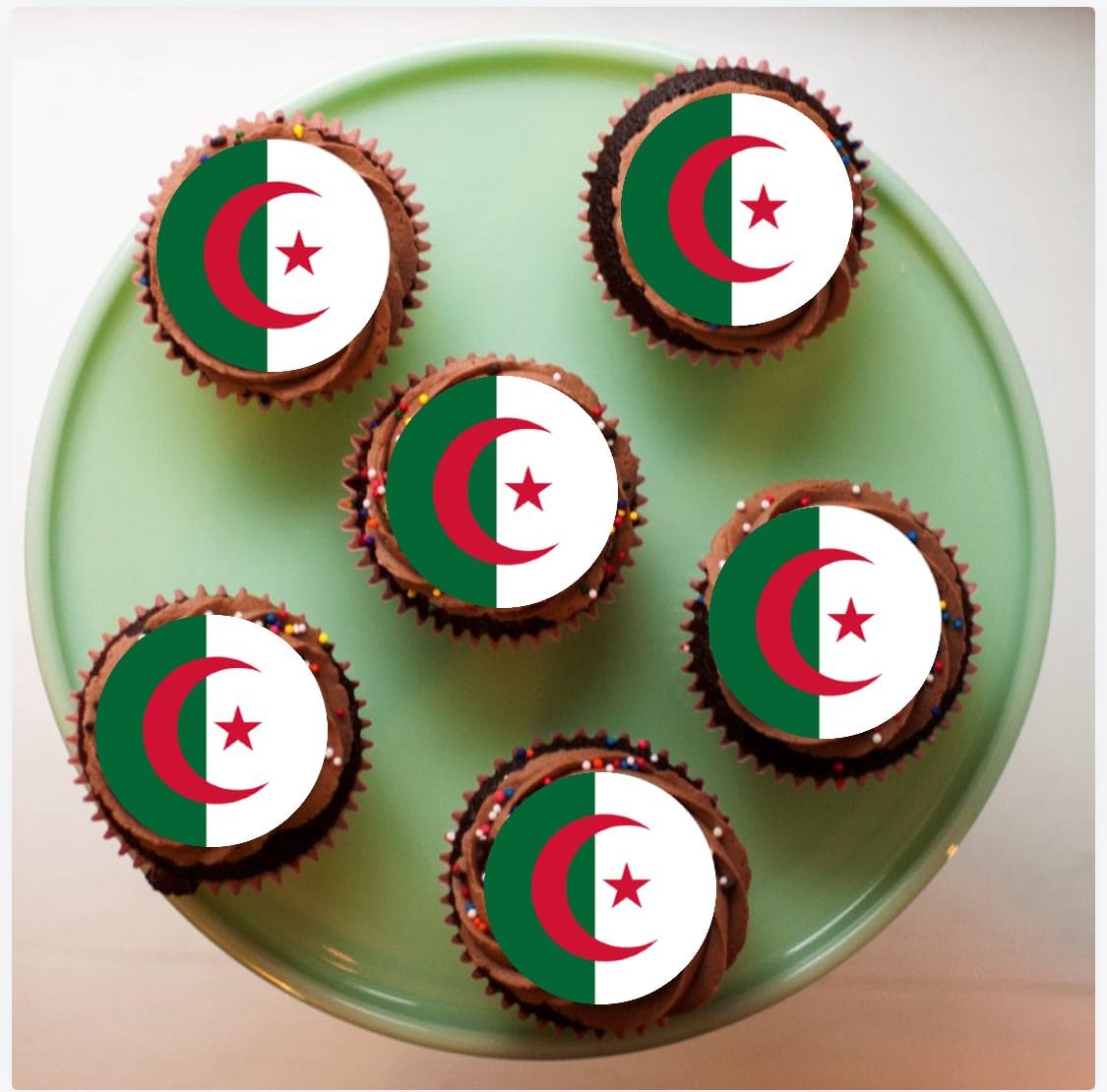 Algerian Flag Edible Cake Toppers, Decorative Cupcake Desserts, Green White Red Algeria design for cake or cupcakes