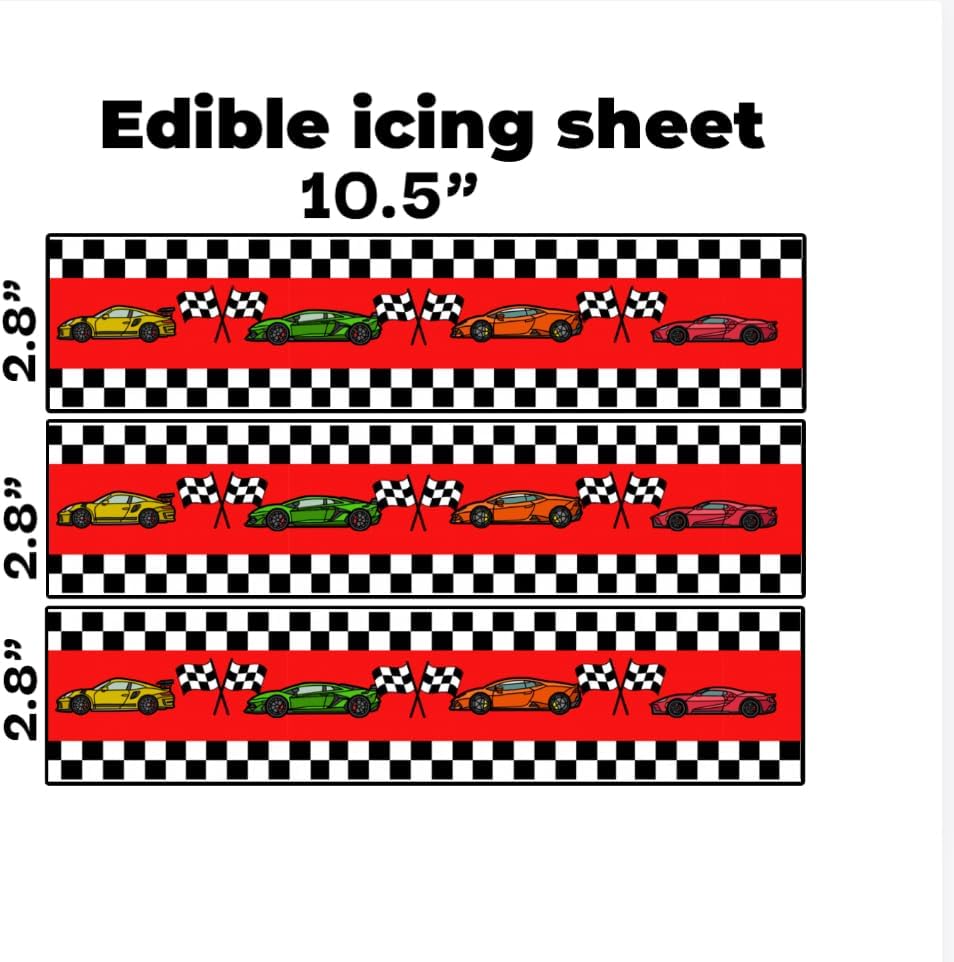 Edible Icing Sheets for Racing Cars Theme, Checkered Flag Pattern with Sports Cars, 10.5 x 2.8 Inches, 3 strips