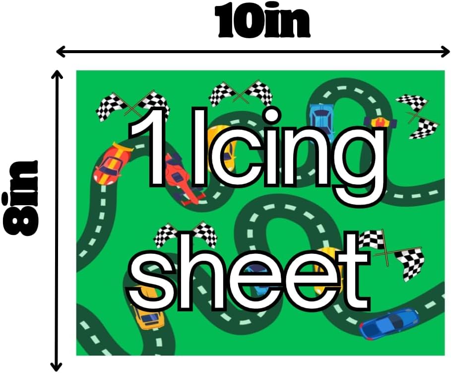 Race Car Theme Edible Cake Topper Sheet, Green Background with Checkered Flags, Racing Track Design, 10 x 8 Inches