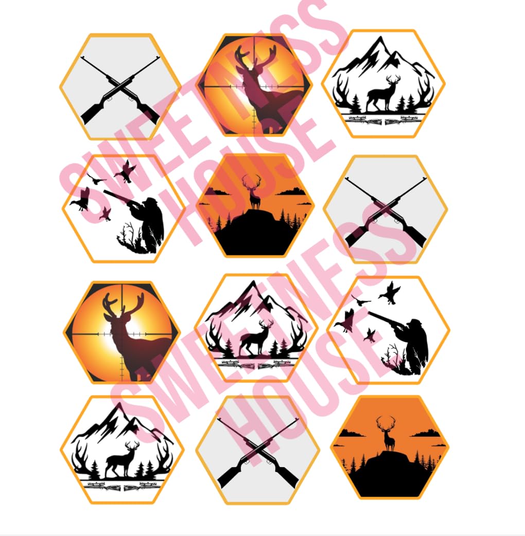 Easy-Cut Hunting Theme Cupcake Toppers, 2 inch Edible Icing Sheet, 12 Hexagon Designs