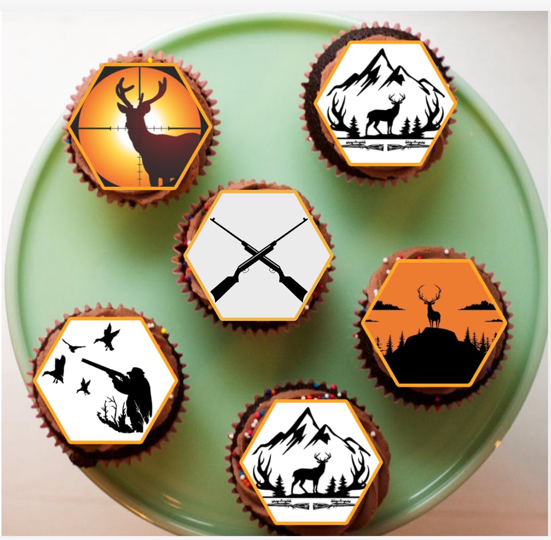 Easy-Cut Hunting Theme Cupcake Toppers, 2 inch Edible Icing Sheet, 12 Hexagon Designs