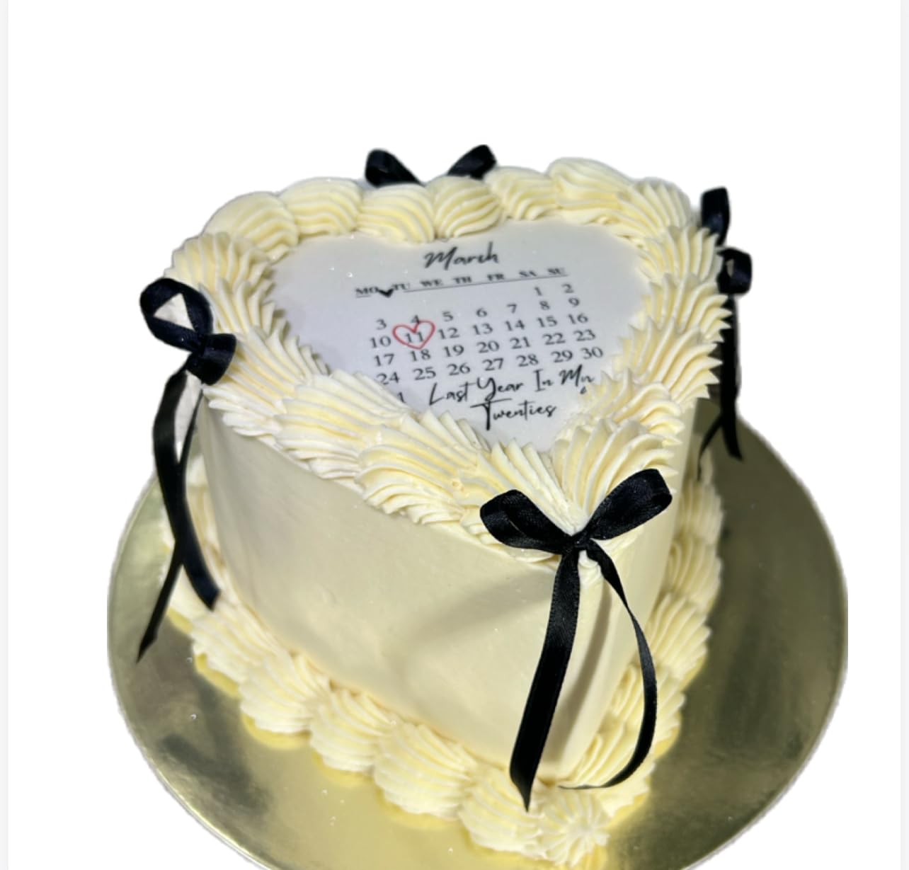 Heart-Shaped Calendar Edible Cake Topper, 5'',6'',7'',8'' Customizable Message, White and Black