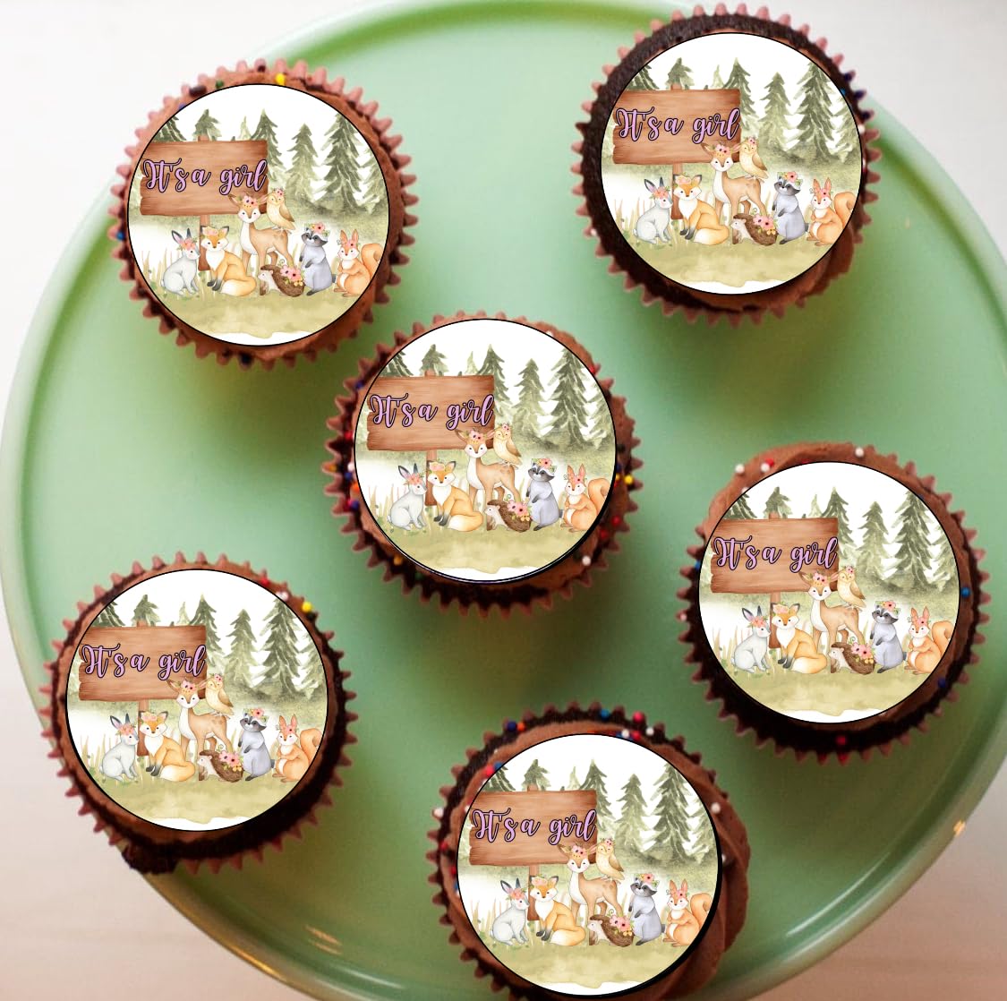 Woodland Baby Girl Cupcake edible Toppers, 2 Inch Round, Forest Animals Design, 12 Count, icing sheet