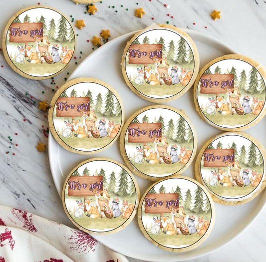 Woodland Baby Girl Cupcake edible Toppers, 2 Inch Round, Forest Animals Design, 12 Count, icing sheet