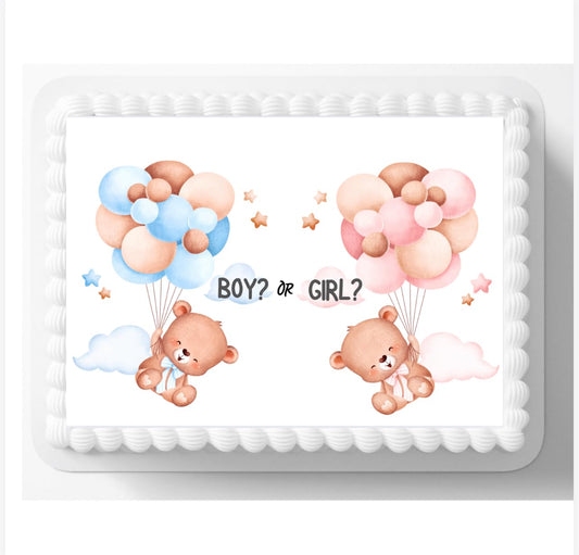 Gender Reveal Cake Topper, Edible Icing Sheet, Boy or Girl Bear Design, 8x10 inches