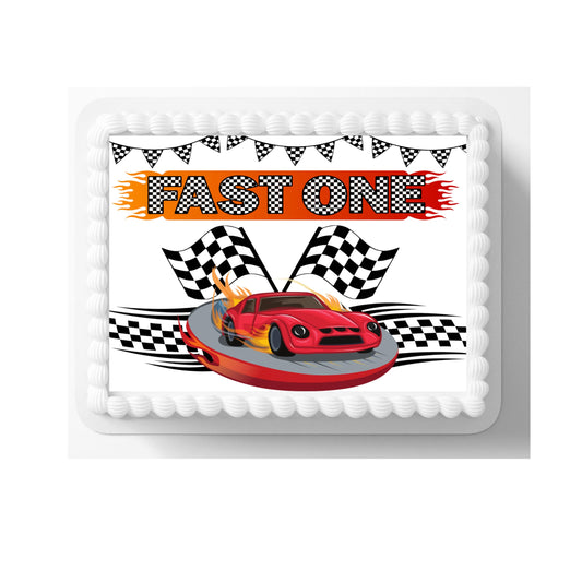 Fast one Edible Cake Topper, racing cars, Checkered Flags topper 8x10 inches