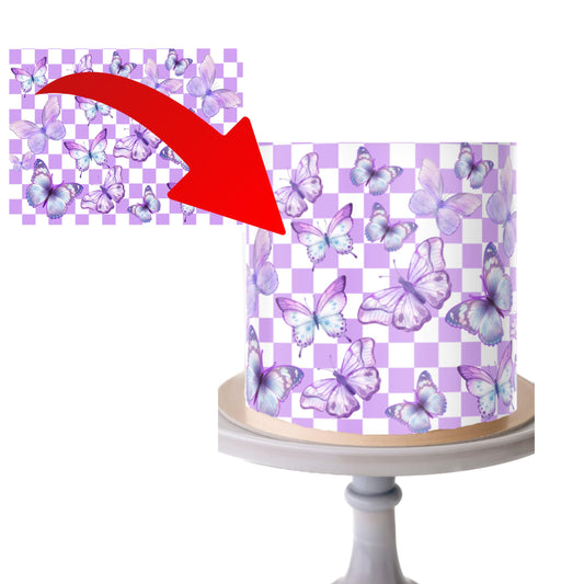 EDIBLE PAPER Purple butterflies design cake wrap icing sheet, purple checkers background with butterflies edible cake topper