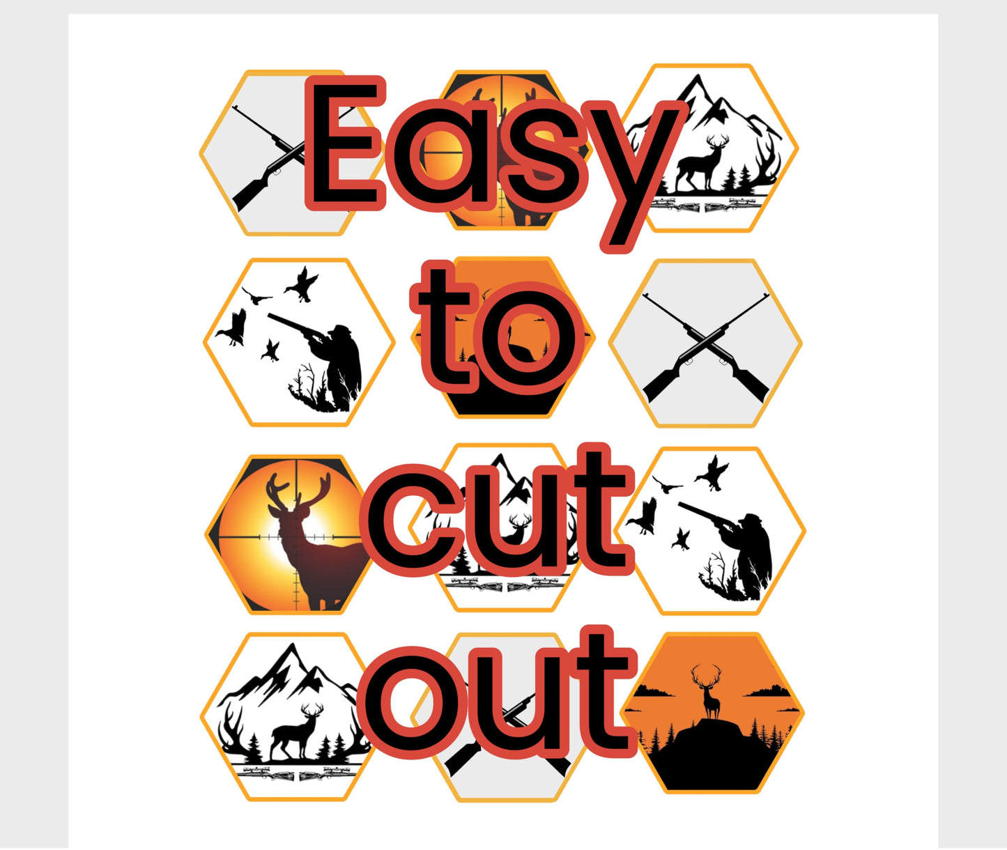 Easy-Cut Hunting Theme Cupcake Toppers, 2 inch Edible Icing Sheet, 12 Hexagon Designs