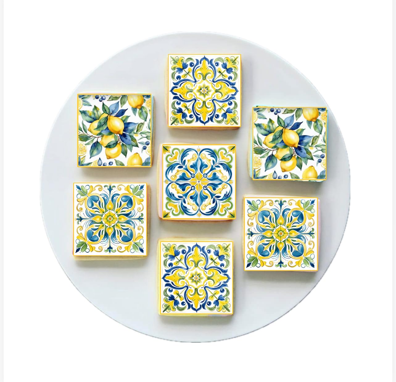 Mediterranean Edible Cookie Toppers, Lemon and Spanish Tile Design, 2 Inch Squares, Set of 12