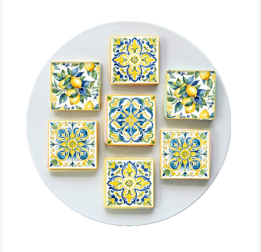Mediterranean Edible Cookie Toppers, Lemon and Spanish Tile Design, 2 Inch Squares, Set of 12