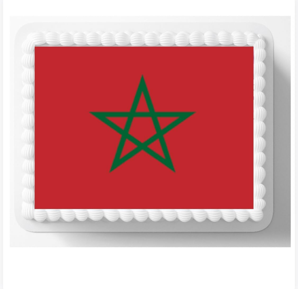 Morocco Flag Edible Cake Toppers, Round and Rectangular Decorative Icing Sheets for Cakes and Cupcakes, Red and Green Star Design