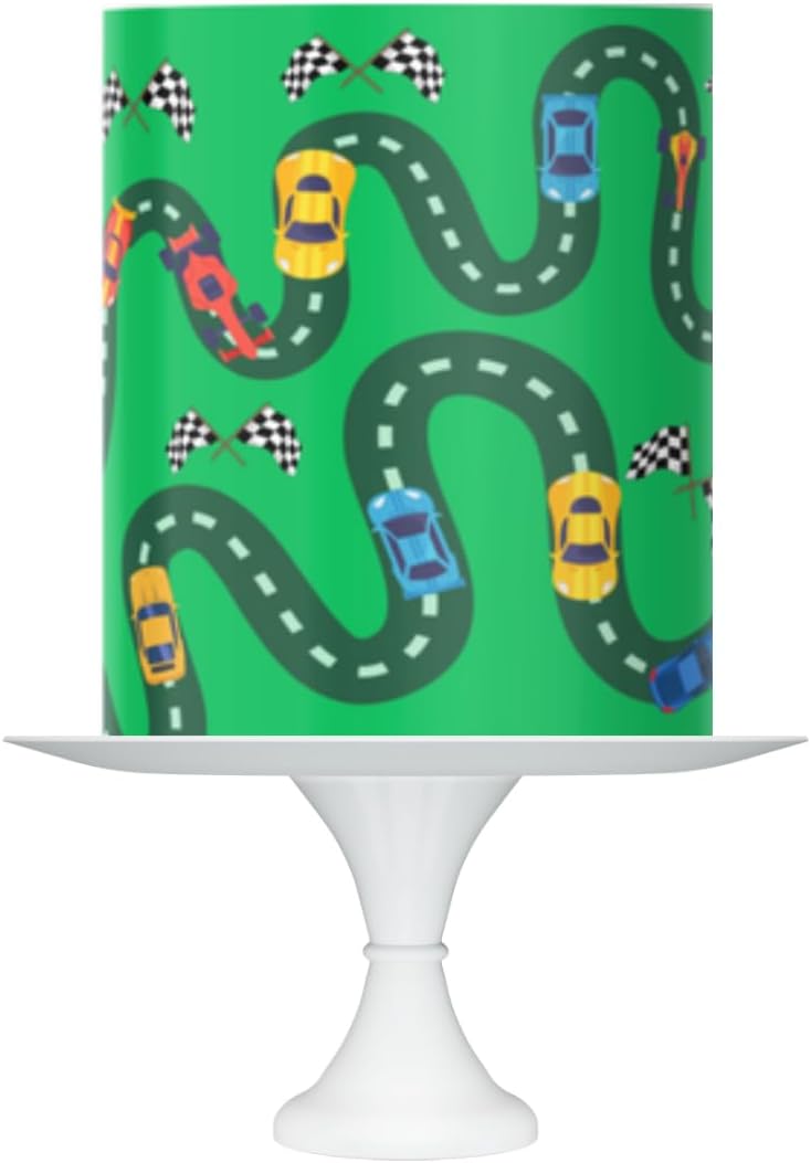 Race Car Theme Edible Cake Topper Sheet, Green Background with Checkered Flags, Racing Track Design, 10 x 8 Inches