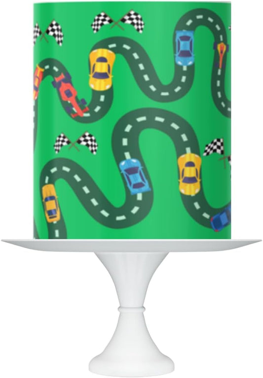 Race Car Theme Edible Cake Topper Sheet, Green Background with Checkered Flags, Racing Track Design, 10 x 8 Inches