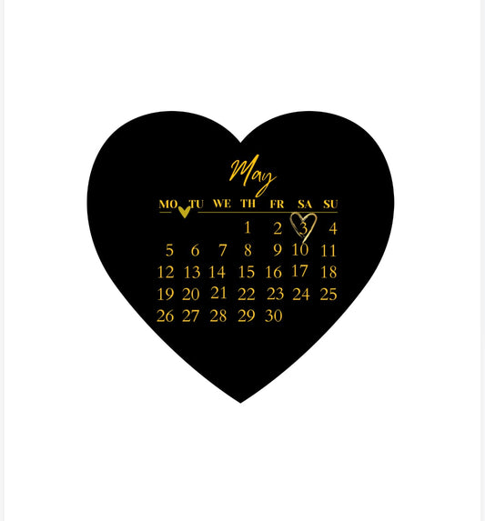 Custom Calendar Cake Topper, Black and Gold, icing sheet 5-8 Inch Size Options round calendar and heart shaped