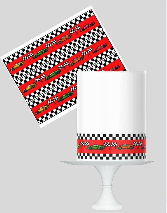 Edible Icing Sheets for Racing Cars Theme, Checkered Flag Pattern with Sports Cars, 10.5 x 2.8 Inches, 3 strips