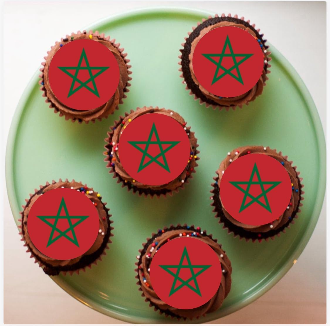 Morocco Flag Edible Cake Toppers, Round and Rectangular Decorative Icing Sheets for Cakes and Cupcakes, Red and Green Star Design