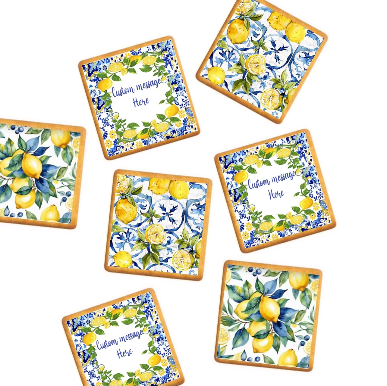 Mediterranean Lemon Cookie Toppers, Spanish Tile Design, 2-Inch Square, Set of 12, Edible with custom text