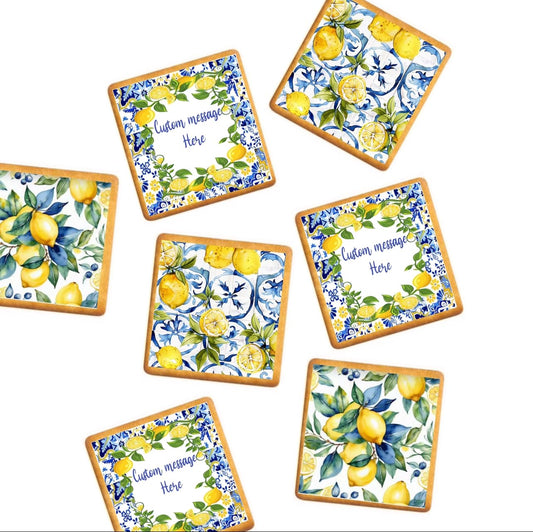Mediterranean Lemon Cookie Toppers, Spanish Tile Design, 2-Inch Square, Set of 12, Edible with custom text