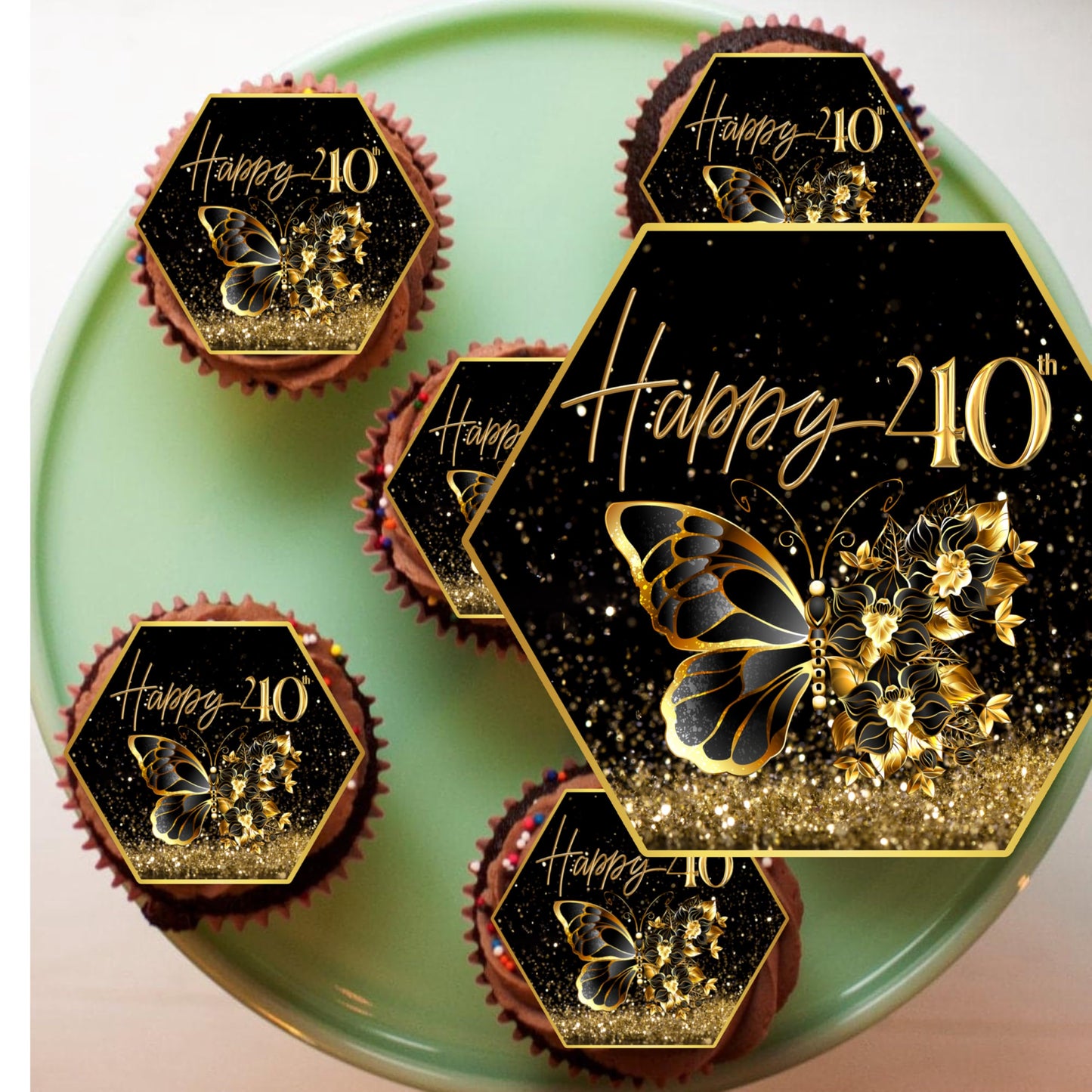 Glamorous black and gold edible cake topper, gold butterfly design icing sheet, 40th birthday, luxury party supplies, 40th birthday edible cupcake toppers.