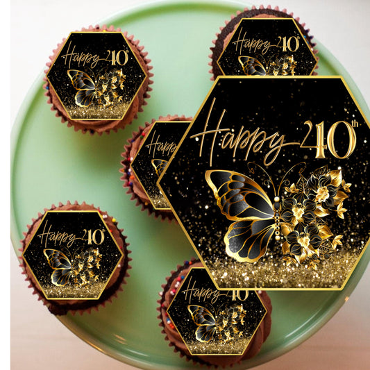 Glamorous black and gold edible cake topper, gold butterfly design icing sheet, 40th birthday, luxury party supplies, 40th birthday edible cupcake toppers.