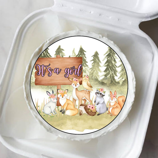 Woodland Animals Baby Girl edible Cake Topper, 8 Inch Round Edible Decoration, it's a girl icing sheet
