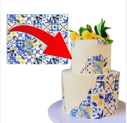 Mediterranean Tile Pattern Cake Topper, 8x10 inches, Blue and Yellow Design, Bridal Shower Party Decoration