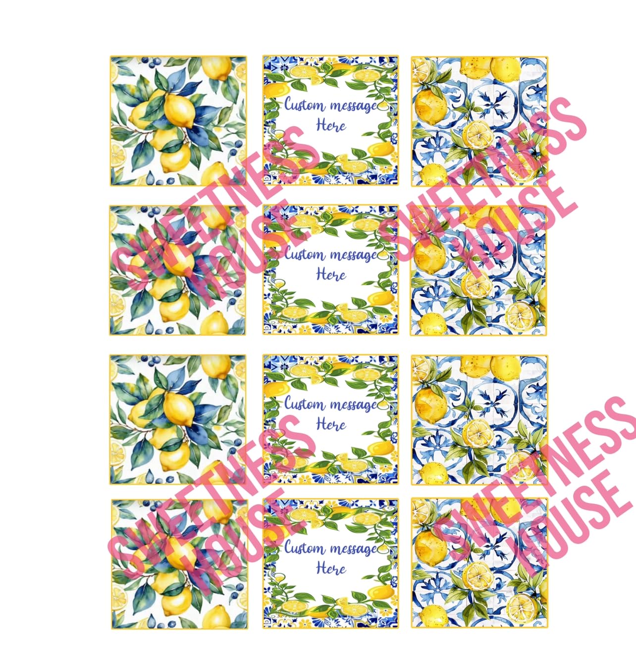 Mediterranean Lemon Cookie Toppers, Spanish Tile Design, 2-Inch Square, Set of 12, Edible with custom text