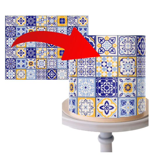 EDIBLE PAPER- blue and yellow tiles cake wrap icing sheet 8x10in, Mediterranean edible tiles, Spanish tiles cake topper