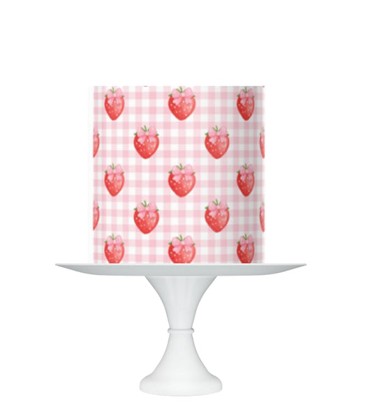 Strawberry Gingham Pattern Edible Cake topper Wrap, 8x10 inches, Icing Sheet cake Topper