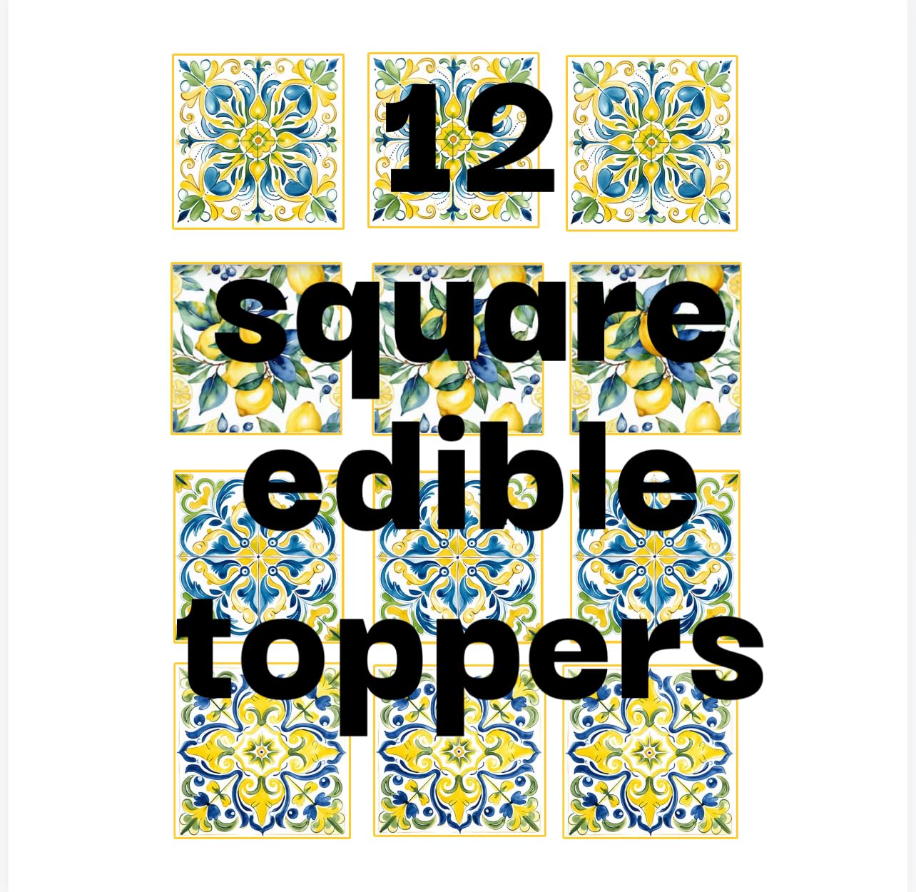 Mediterranean Edible Cookie Toppers, Lemon and Spanish Tile Design, 2 Inch Squares, Set of 12
