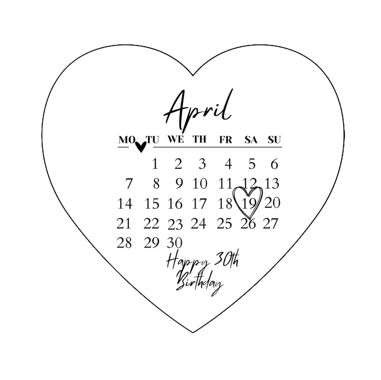 Heart-Shaped Calendar Edible Cake Topper, 5'',6'',7'',8'' Customizable Message, White and Black