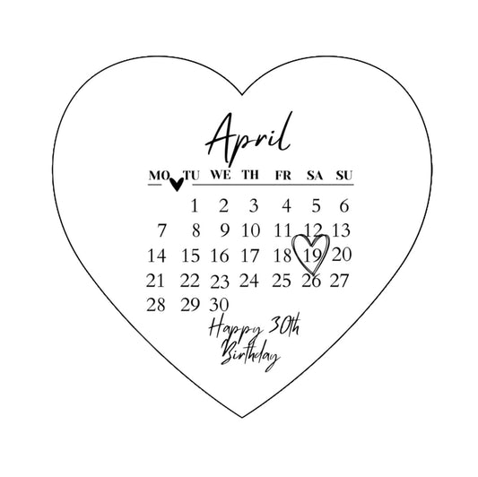Heart-Shaped Calendar Edible Cake Topper, 5'',6'',7'',8'' Customizable Message, White and Black
