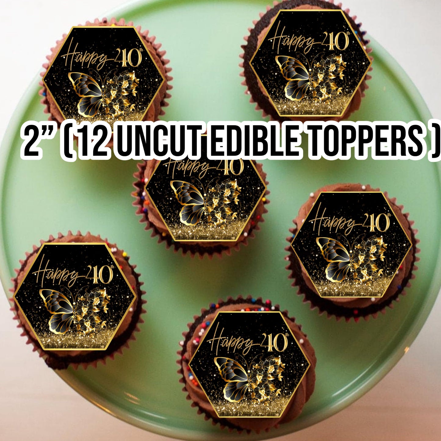 Glamorous black and gold edible cake topper, gold butterfly design icing sheet, 40th birthday, luxury party supplies, 40th birthday edible cupcake toppers.