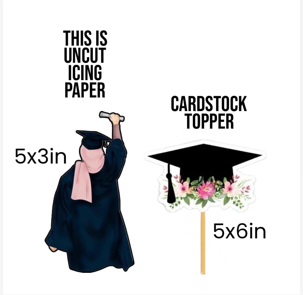 Graduation Cake Decoration Set, Floral Cap Cardstock Topper 5x6 inch, Celebrant Icing Paper 5x3 inch, Navy Blue