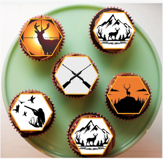Easy-Cut Hunting Theme Cupcake Toppers, 2 inch Edible Icing Sheet, 12 Hexagon Designs