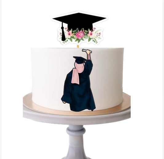 Graduation Cake Decoration Set, Floral Cap Cardstock Topper 5x6 inch, Celebrant Icing Paper 5x3 inch, Navy Blue