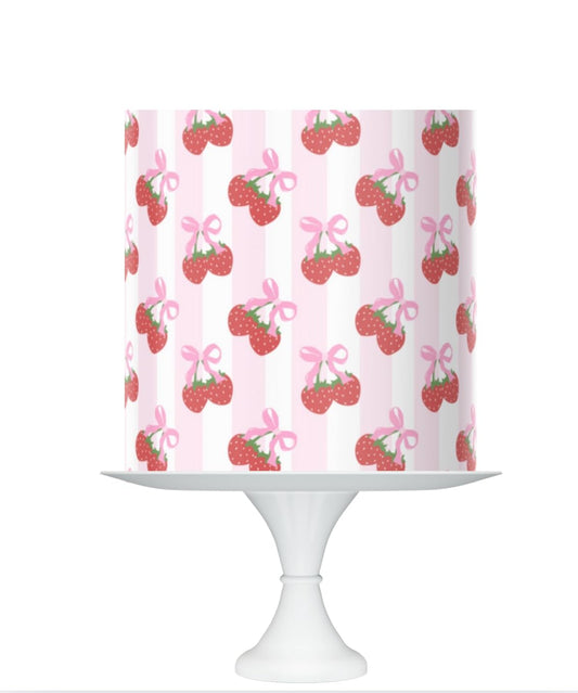 Strawberry Pattern Cake Topper Icing Sheet with Pink Bows, 8x10 inches Strawberry themed party, strawberry coquette bows.