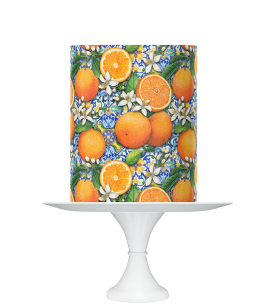 Edible Cake Topper Icing Sheet, Orange and Blue Tile Design with Citrus Pattern, 8x10 inches cake wrap
